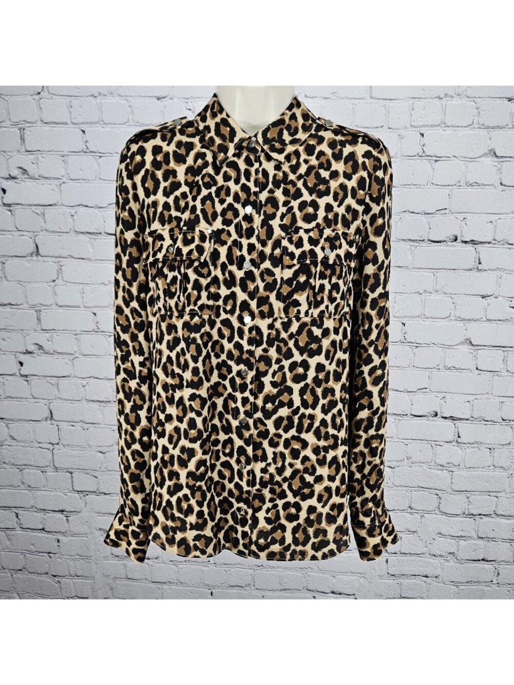 White House Black Market Brown Leopard 100% Silk Button Up Blouse Shirt Top 6